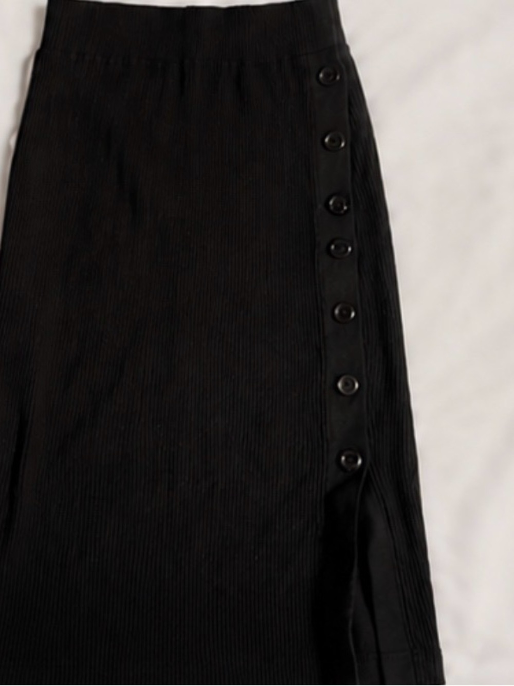 Black Ribbed Midi Skirt with Side Button Placket